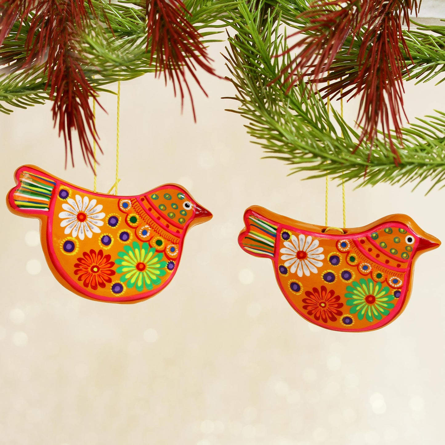 Marigold Dove 2 Yellow Floral Ceramic Peace Dove Ornaments Crafted by Hand