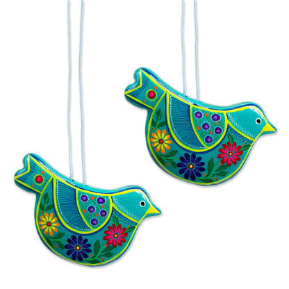 Turquoise Doves 2 Caribbean Blue Ceramic Handcrafted and Painted Ornaments
