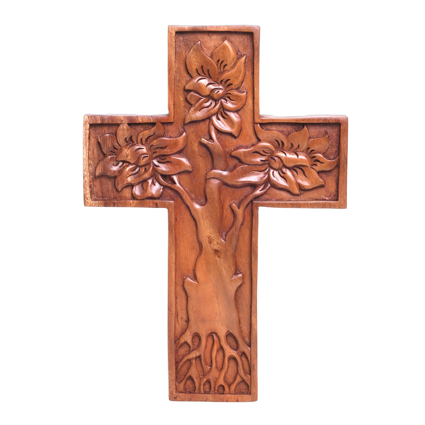 Peaceful Mangrove Hand-Carved Tree-Themed Suar Wood Wall Cross from Bali