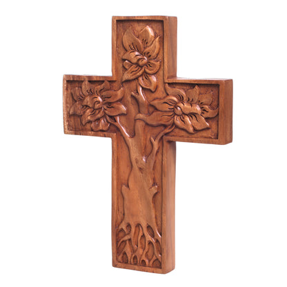 Peaceful Mangrove Hand-Carved Tree-Themed Suar Wood Wall Cross from Bali