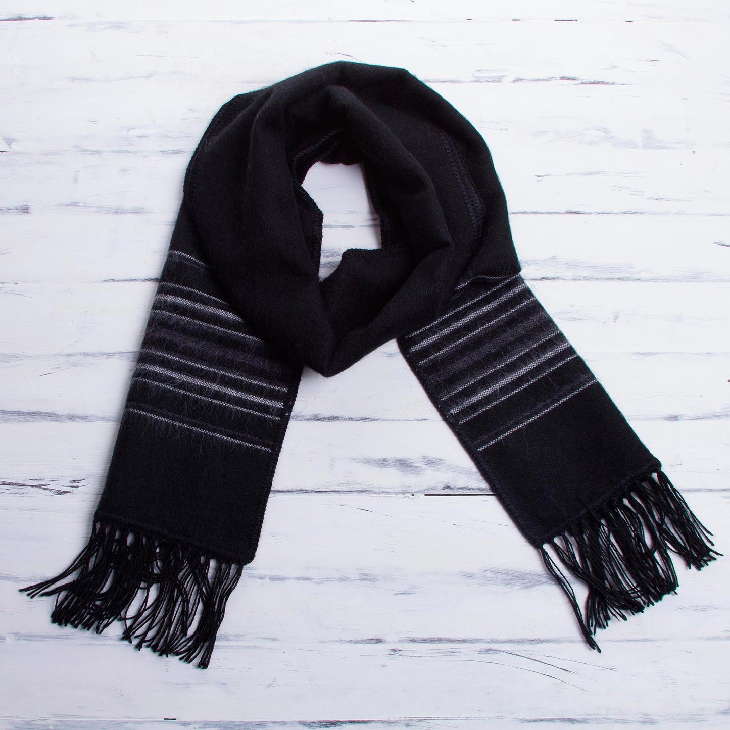 Andean Clouds in Black Artisan Crafted Woven Black Alpaca Blend Scarf for Men