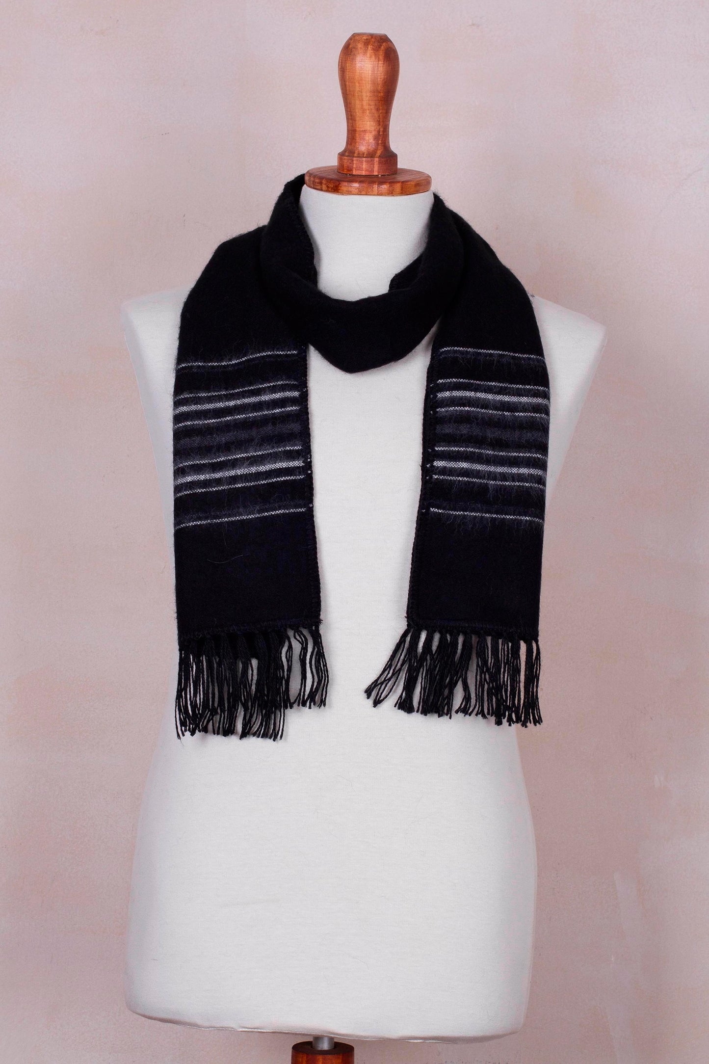 Andean Clouds in Black Artisan Crafted Woven Black Alpaca Blend Scarf for Men