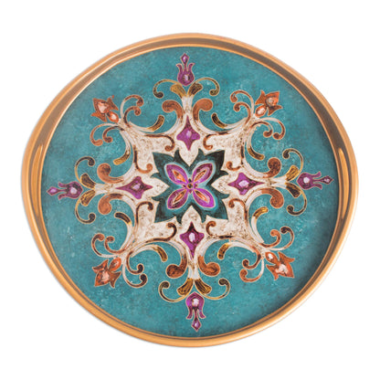 Colonial Elegance Reverse Painted Glass and Wood Turquoise Floral Round Tray