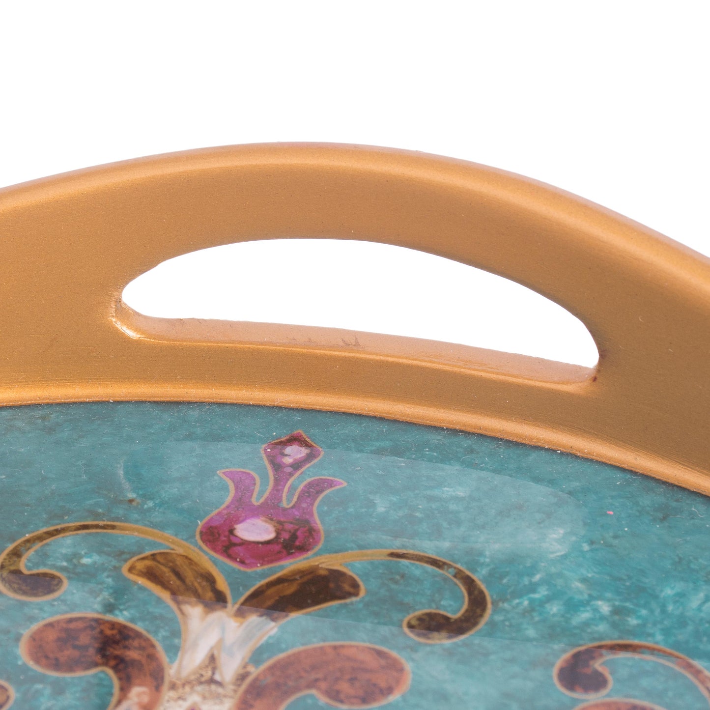 Colonial Elegance Reverse Painted Glass and Wood Turquoise Floral Round Tray