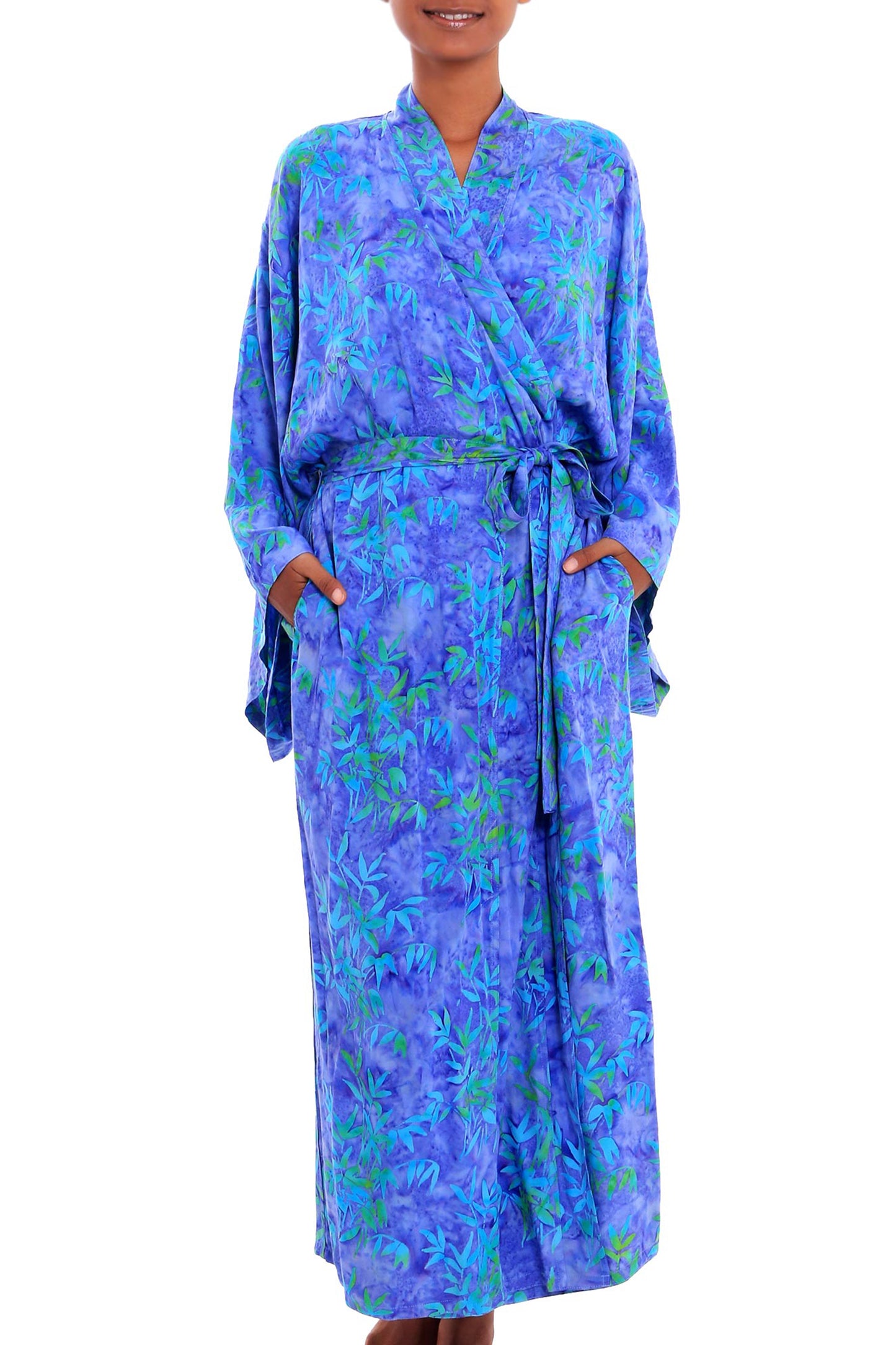 Mystery Grove Blue and Green Batik Leaf Long Sleeved Rayon Robe with Belt