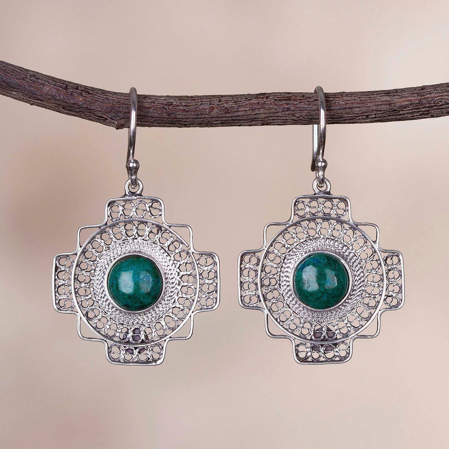 Green Valley Chakana Chrysocolla Chakana Cross Filigree Dangle Earrings from Peru