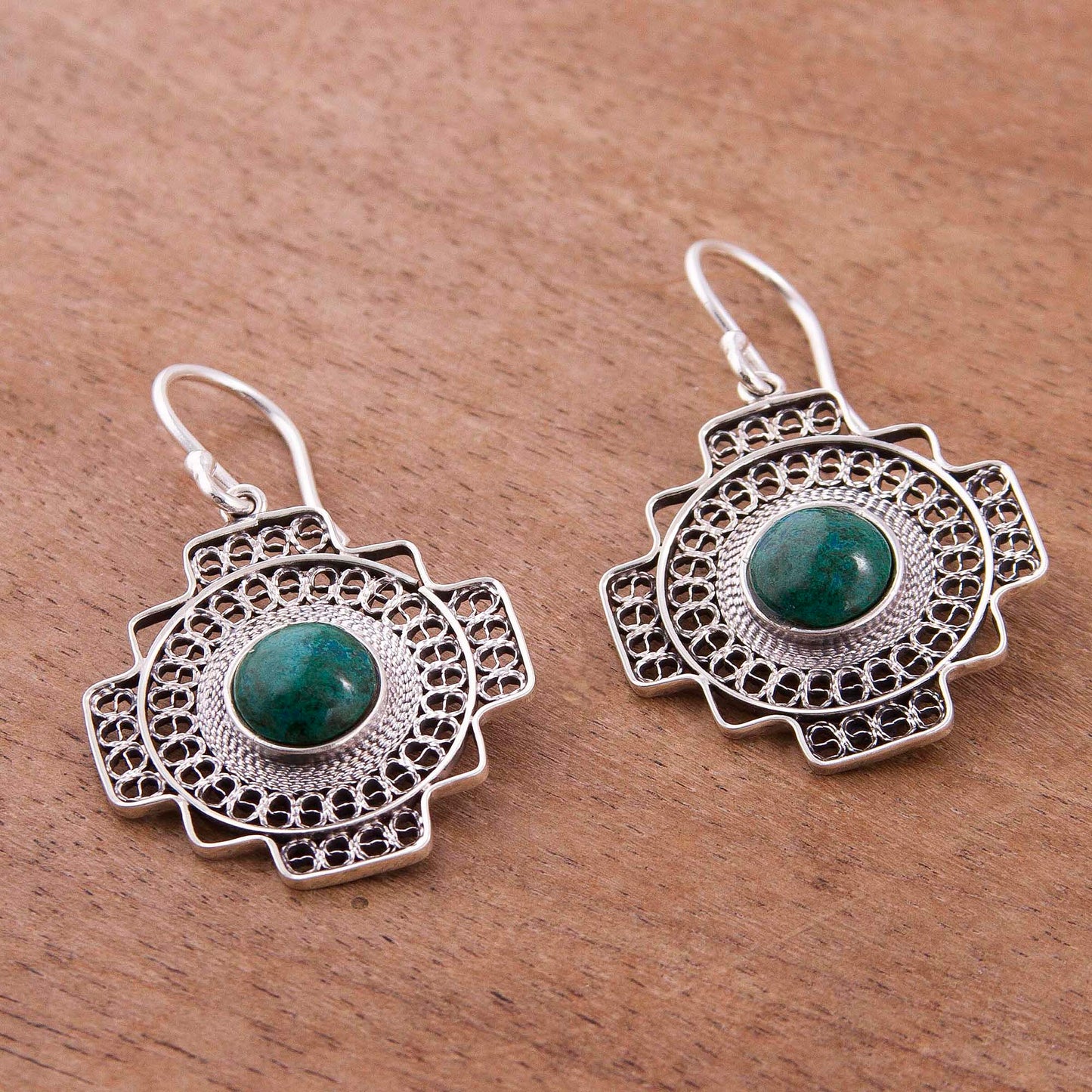 Green Valley Chakana Chrysocolla Chakana Cross Filigree Dangle Earrings from Peru