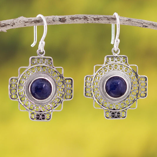 Blue Mountain Chakana Sodalite Chakana Cross Filigree Dangle Earrings from Peru