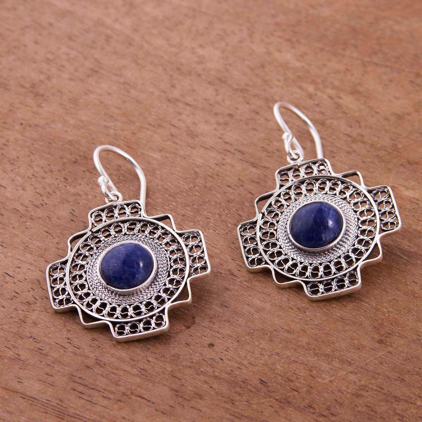 Blue Mountain Chakana Sodalite Chakana Cross Filigree Dangle Earrings from Peru