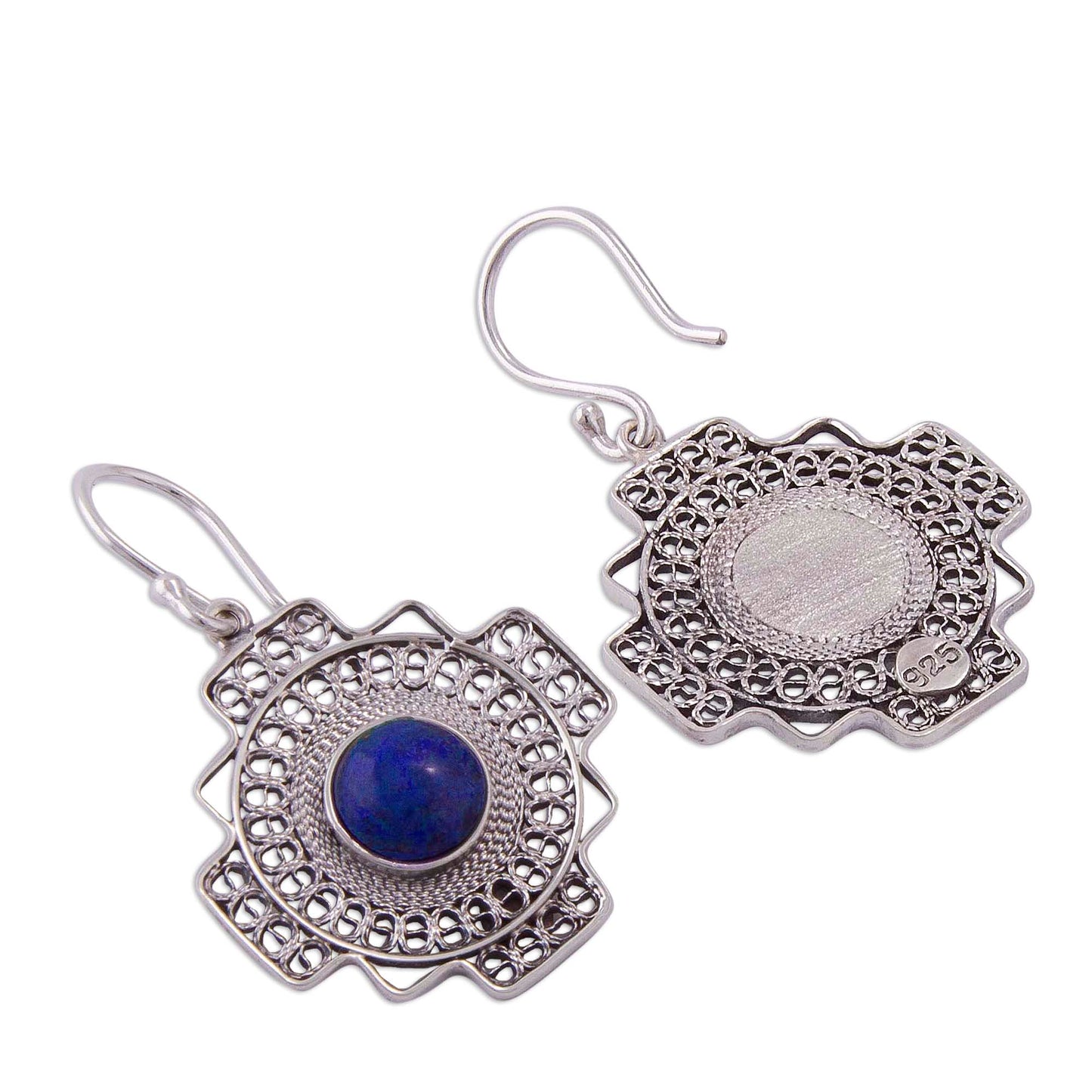 Blue Mountain Chakana Sodalite Chakana Cross Filigree Dangle Earrings from Peru