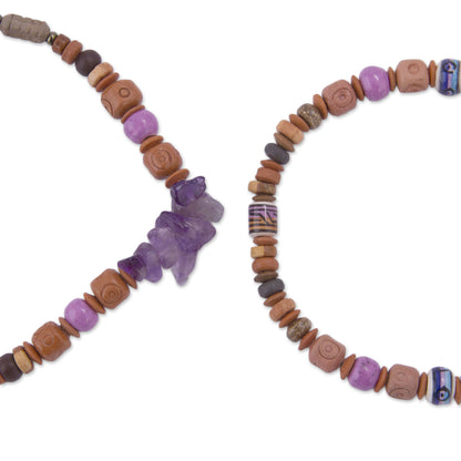 Andean Joy Two Amethyst and Ceramic Beaded Stretch Bracelets from Peru