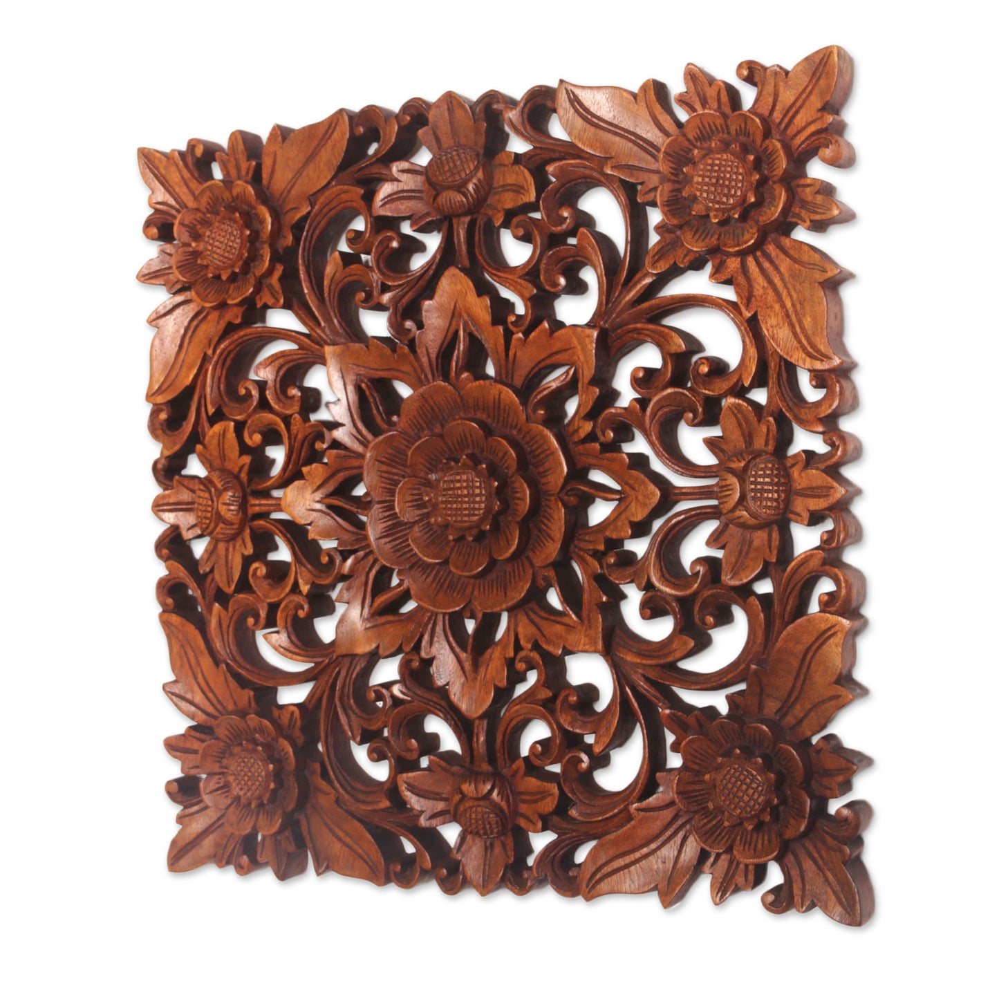 Floral Adornment Hand Carved Suar Wood Floral Wall Relief Panel