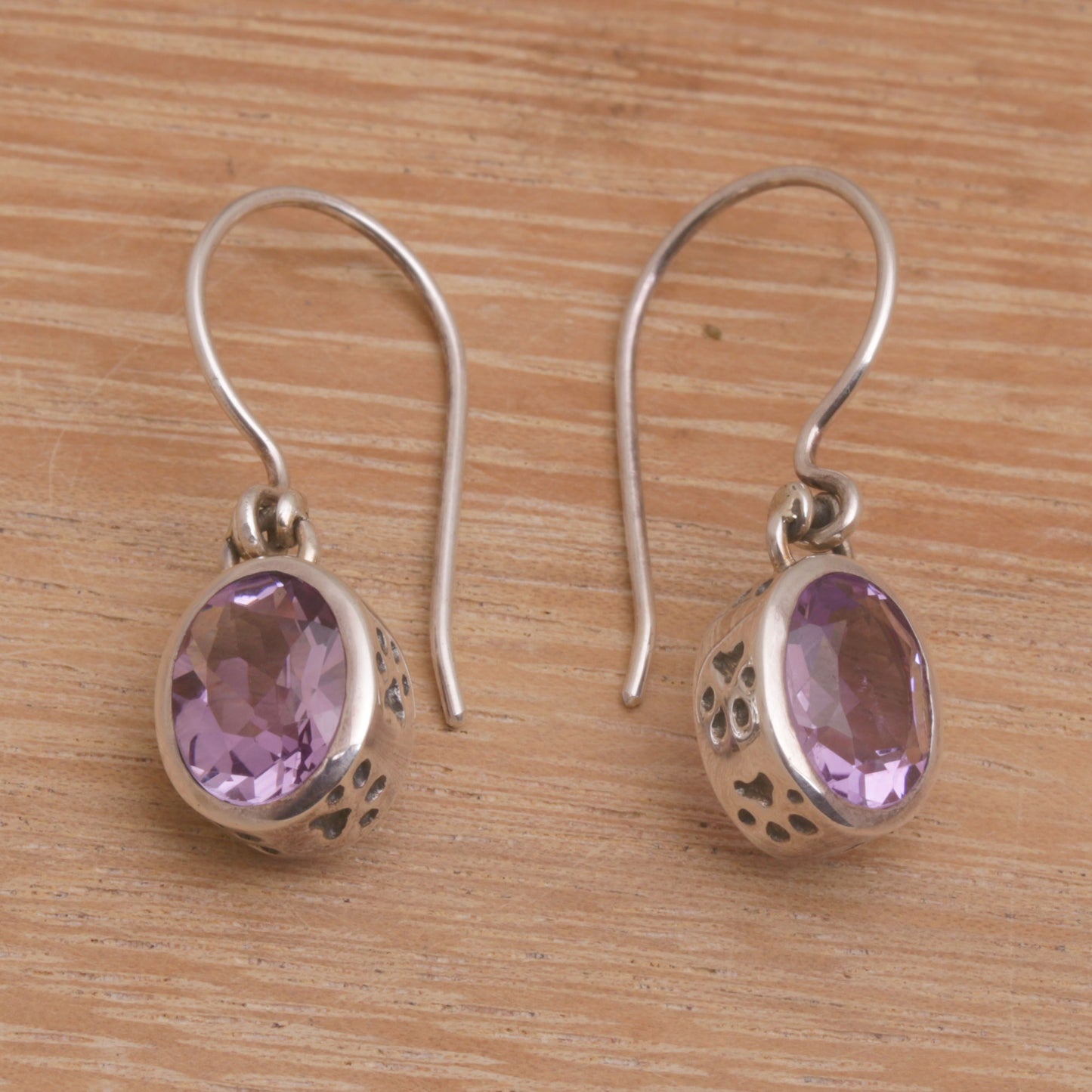 Purple Paws Amethyst and Sterling Silver Paw Print Dangle Earrings