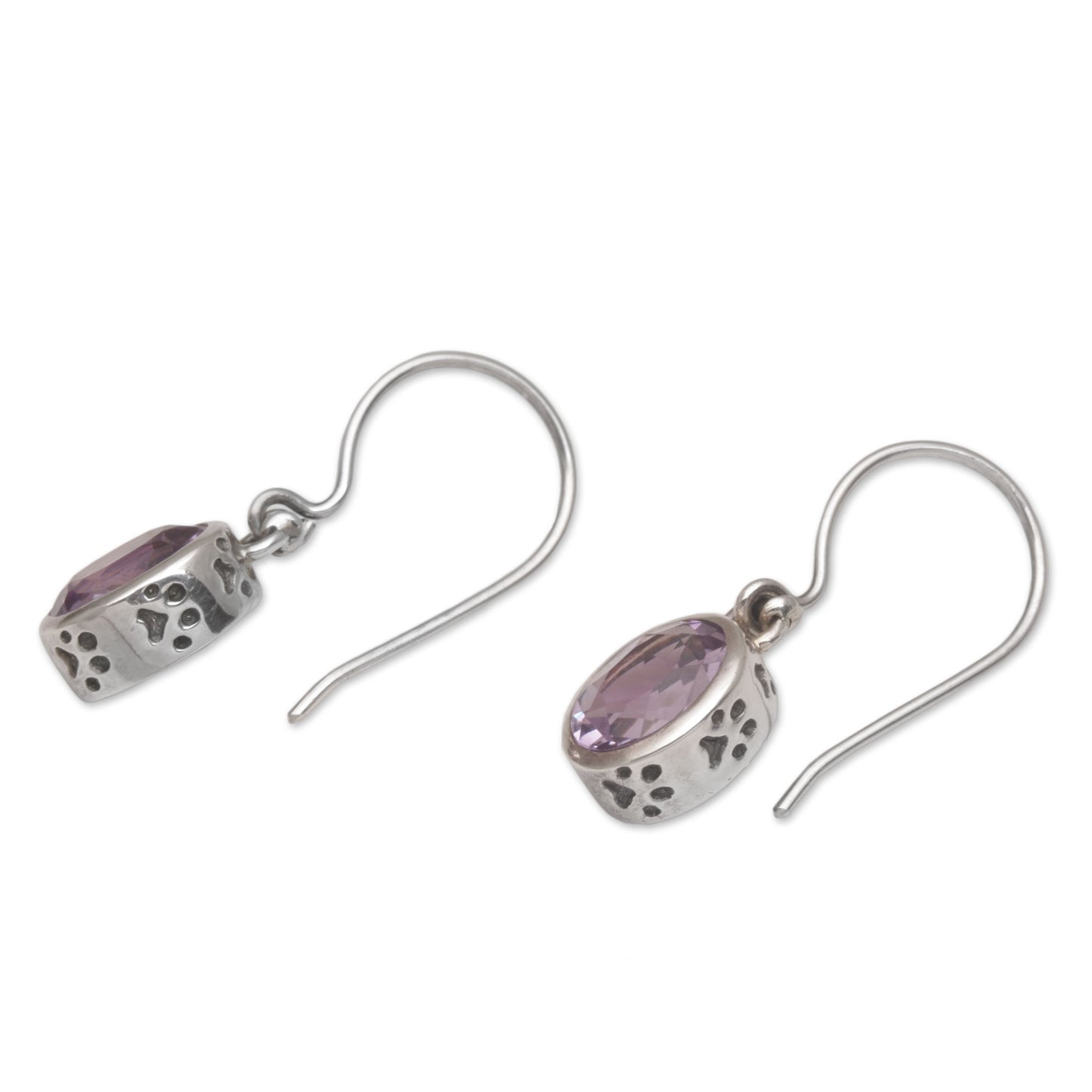 Purple Paws Amethyst and Sterling Silver Paw Print Dangle Earrings