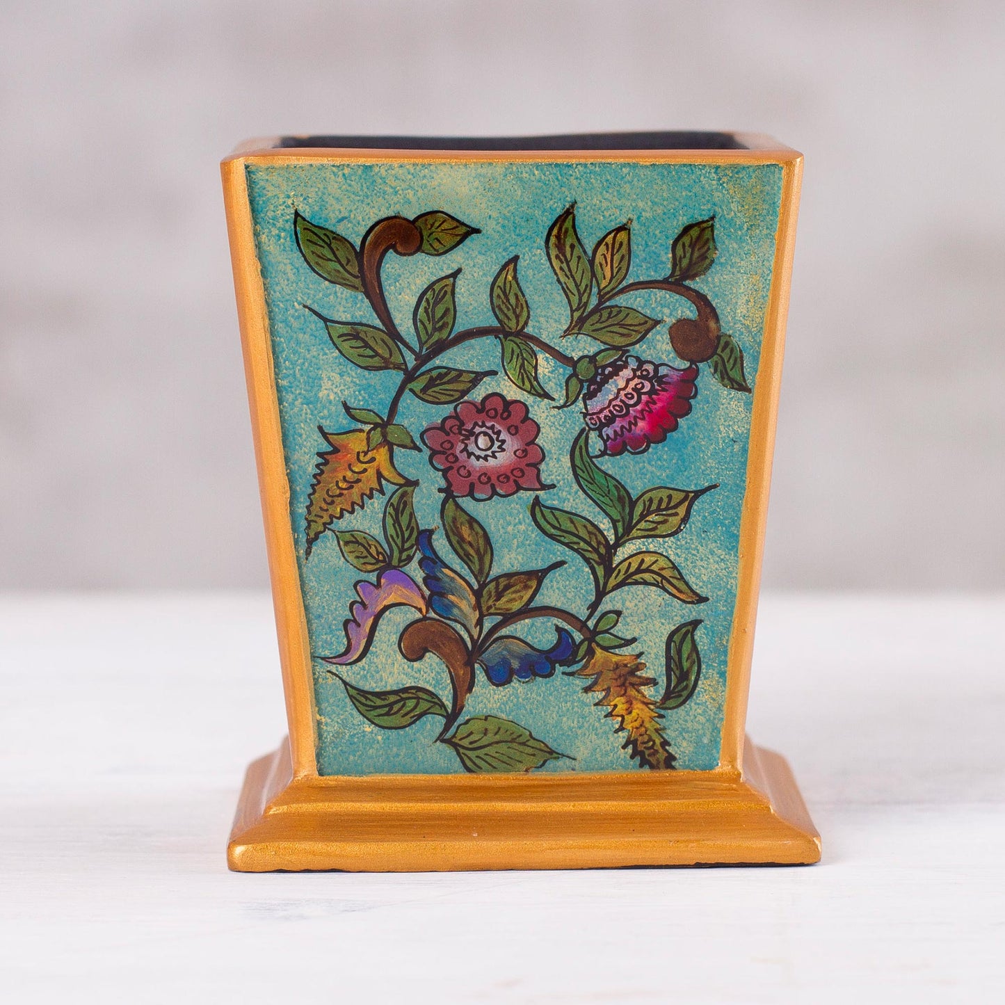 Flowering Companion Handcrafted Reverse-Painted Glass Pencil Holder from Peru