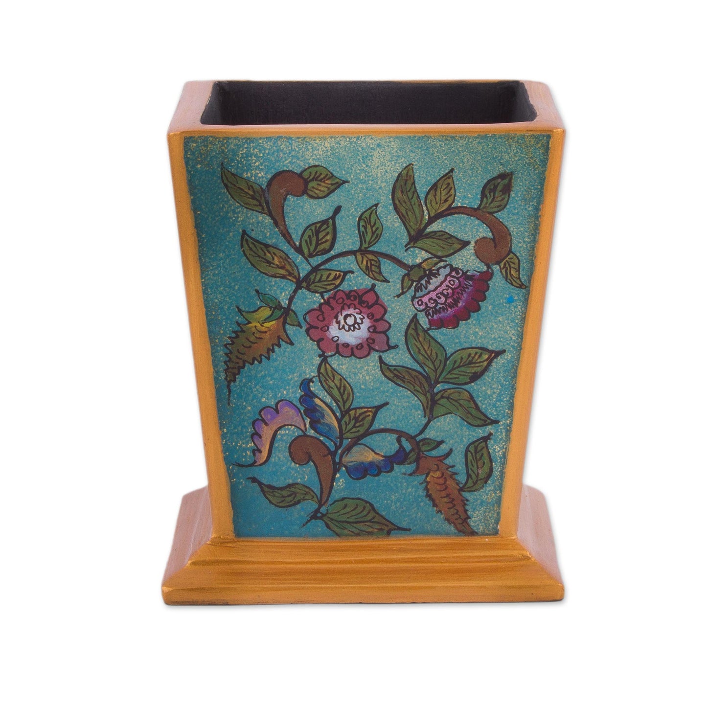 Flowering Companion Handcrafted Reverse-Painted Glass Pencil Holder from Peru