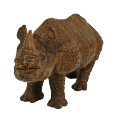 Curious Rhino Hand-Carved Raintree Wood Rhinoceros Sculpture