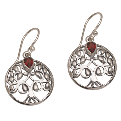 Banyan Beauty Balinese Garnet and Sterling Silver Tree Dangle Earrings