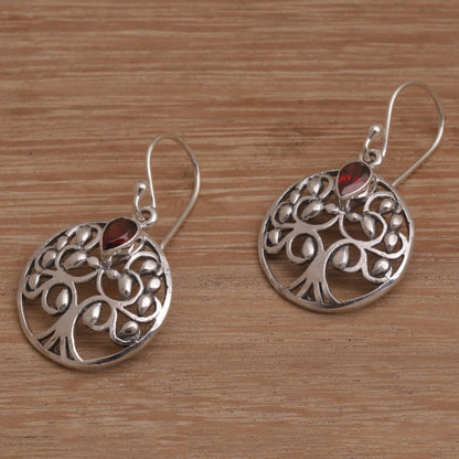 Banyan Beauty Balinese Garnet and Sterling Silver Tree Dangle Earrings