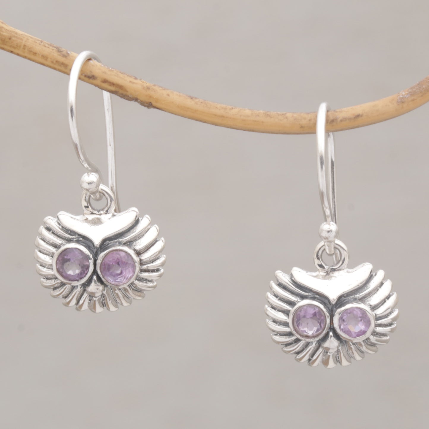 Opulent Owl Amethyst and Sterling Silver Owl Dangle Earrings from Bali