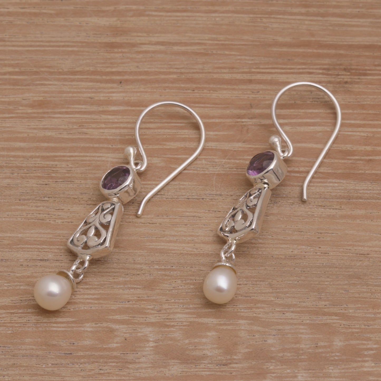 Gracious Offering Hook Earrings with Amethyst and Cultured Pearl