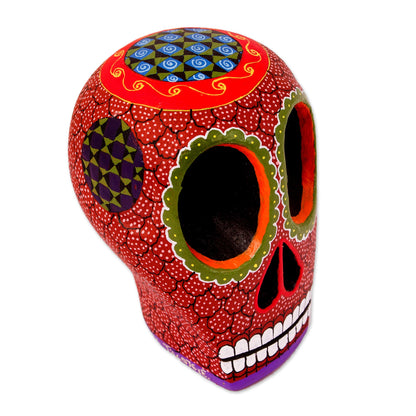 Death and Folklore Mexican Hand Painted Terracotta Hue Wooden Skull Figurine