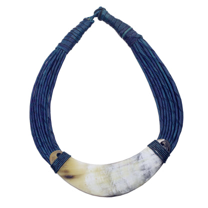 Sida Crescent-Shaped Horn Pendant Necklace with Blue Leather Cord