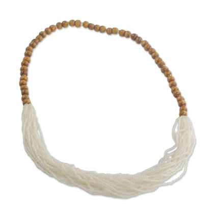 Cool White Beauty Recycled Glass Beaded Necklace in Cool White from Ghana