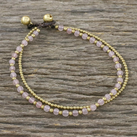 Ringing Beauty Rose Quartz and Brass Beaded Anklet from Thailand