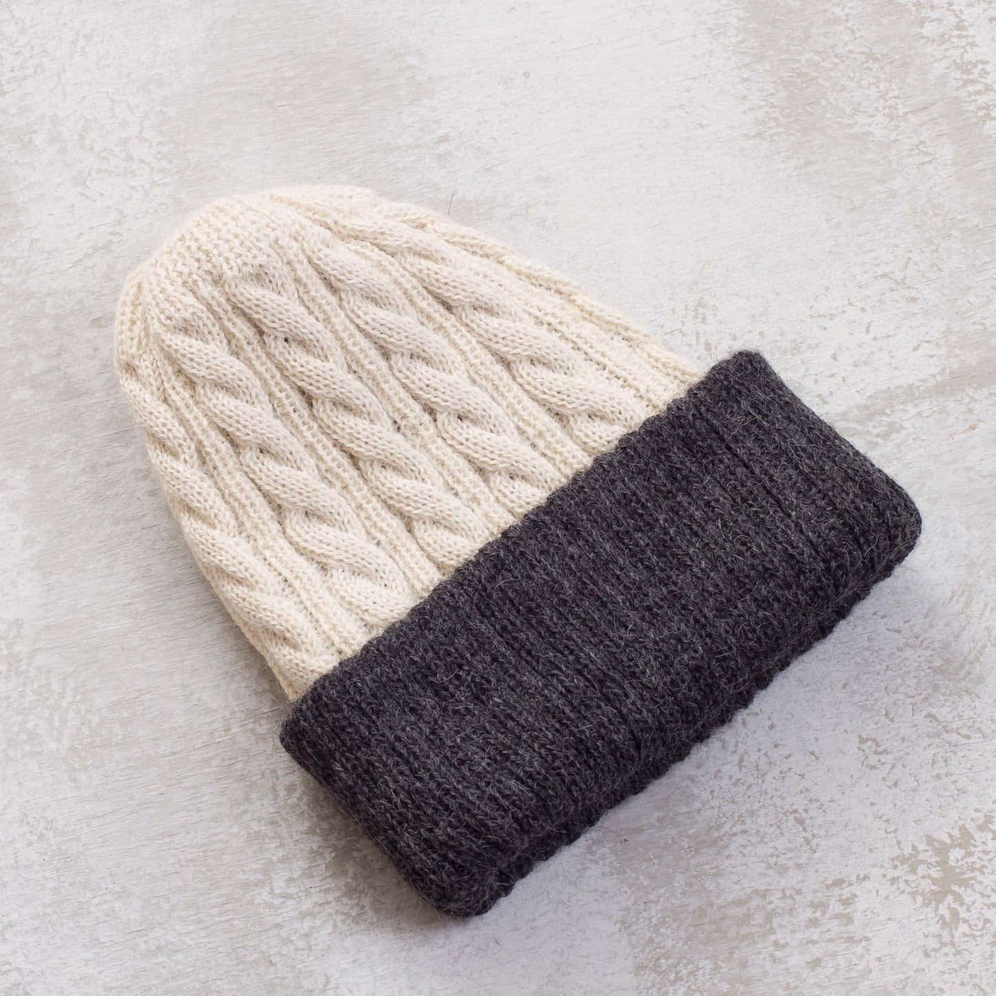 Warm and Contented 100% Alpaca White and Grey Reversible Knit Hat from Peru