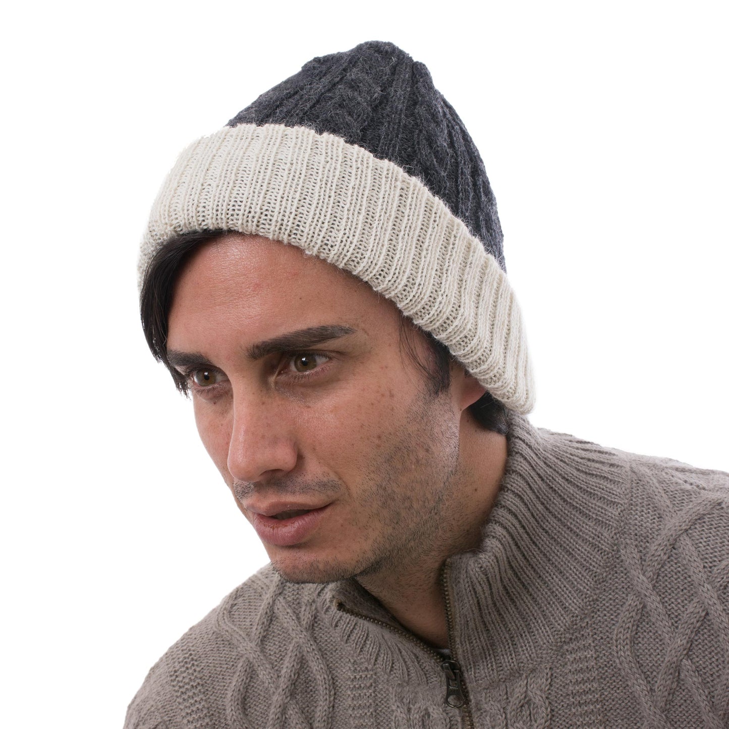 Warm and Contented 100% Alpaca White and Grey Reversible Knit Hat from Peru