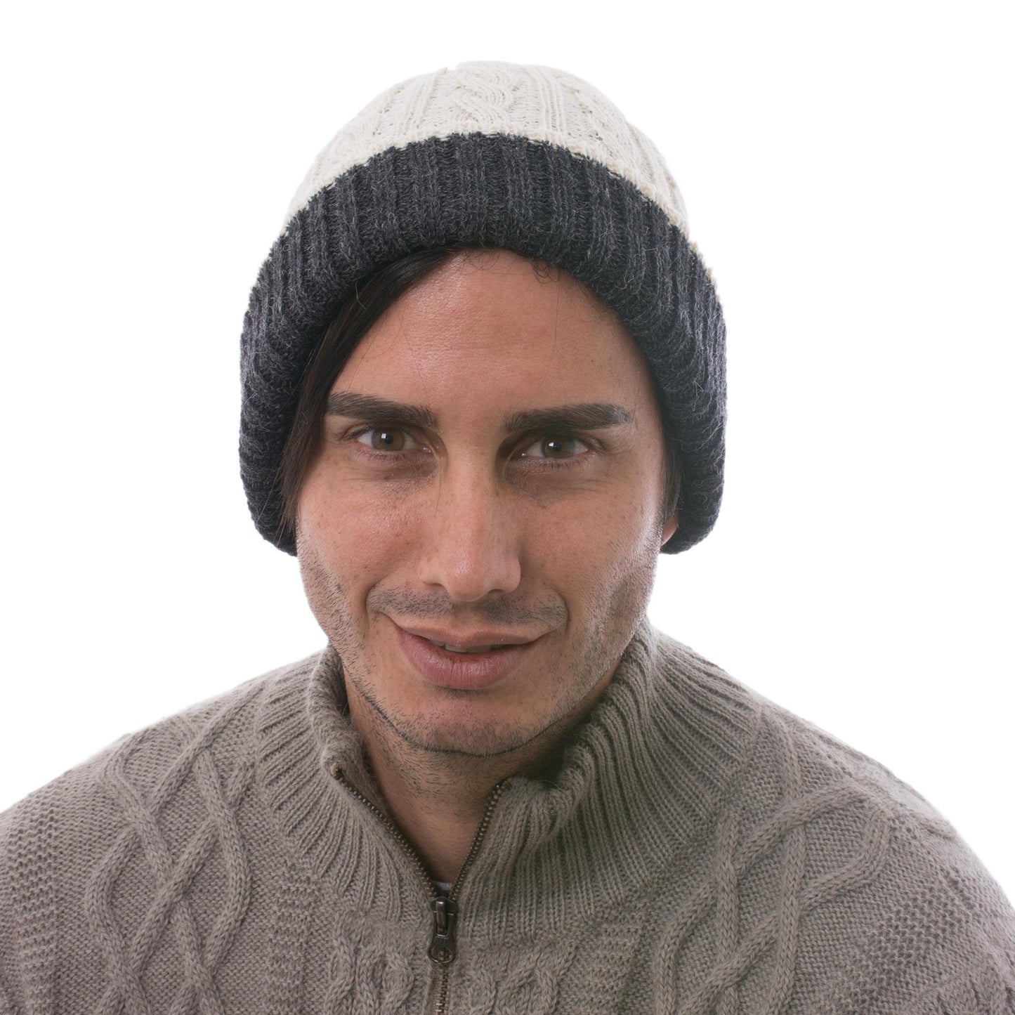 Warm and Contented 100% Alpaca White and Grey Reversible Knit Hat from Peru