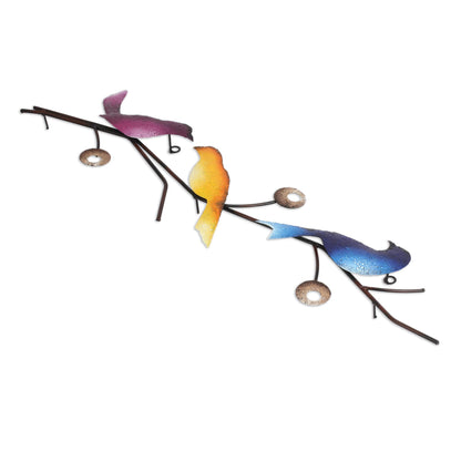 Singing Trio Steel Wall Sculpture of Three Colorful Birds from Mexico