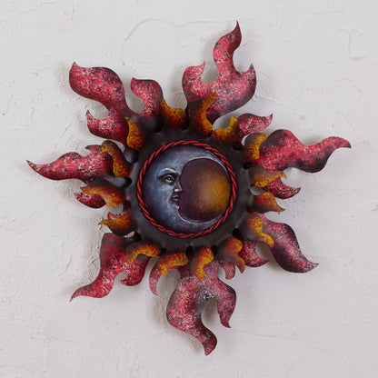 Beautiful Eclipse Crescent Moon Steel Wall Sculpture in Red from Mexico