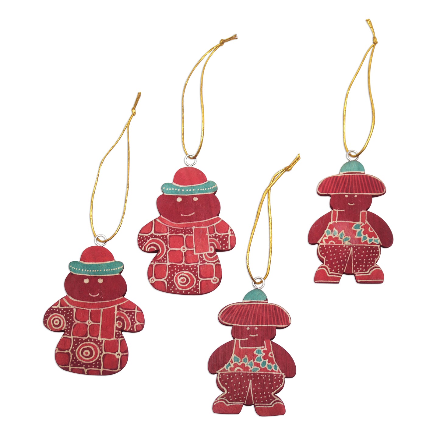 Red Snowmen Four Batik Wadang Wood Snowman Ornaments from Java