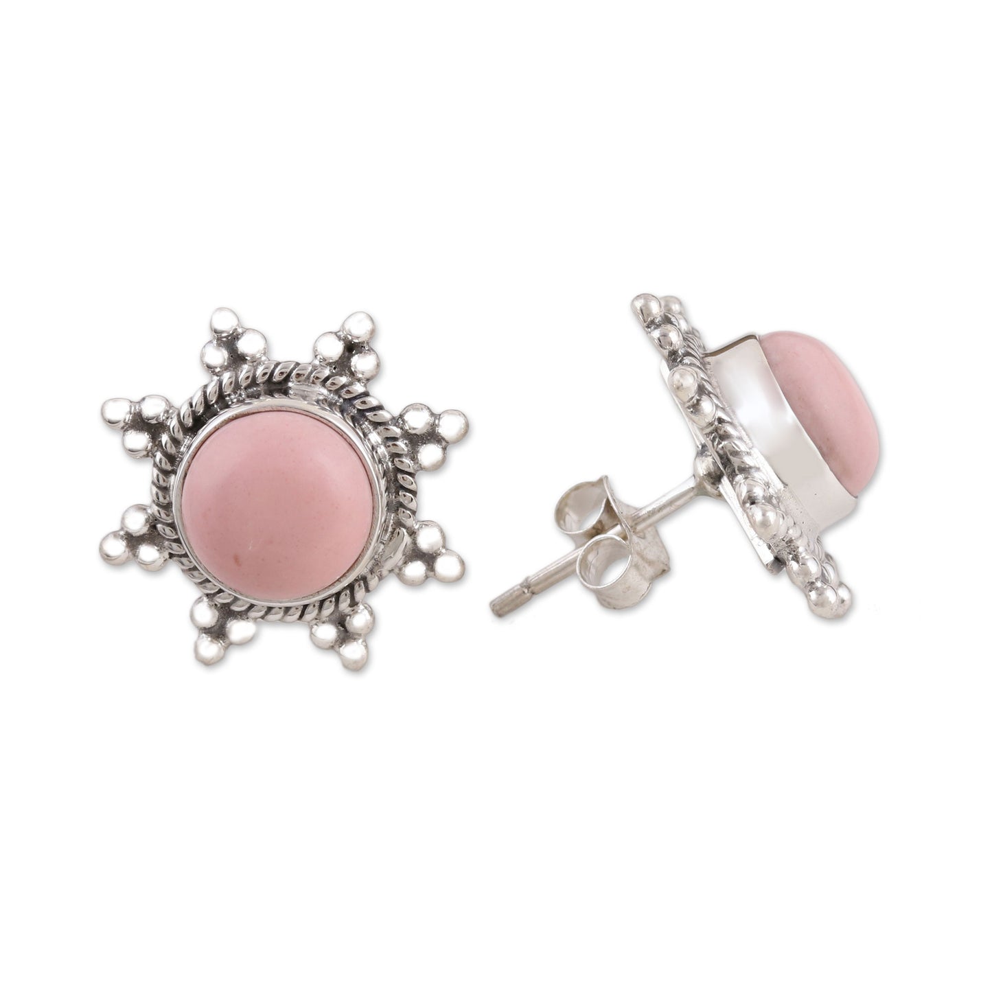 Starry-Eyed Star Shaped Pink Opal and Sterling Silver Button Earrings