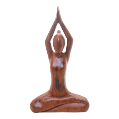 To the Sky Hand Carved Yoga Sitting Pose Suar Wood Sculpture