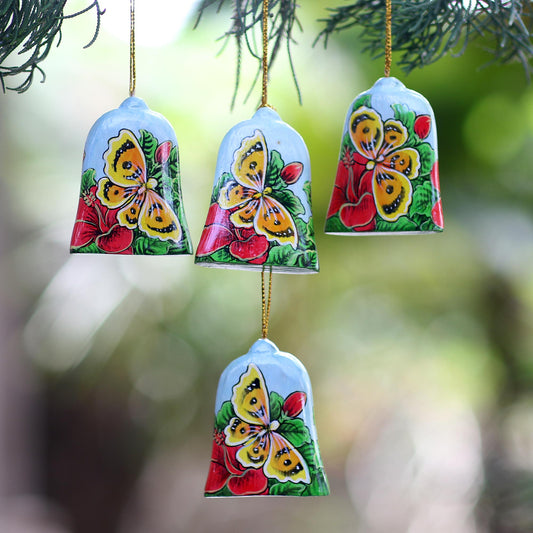 Bells and Butterflies Hand Painted Bell Ornaments with Butterflies (Set of 4)