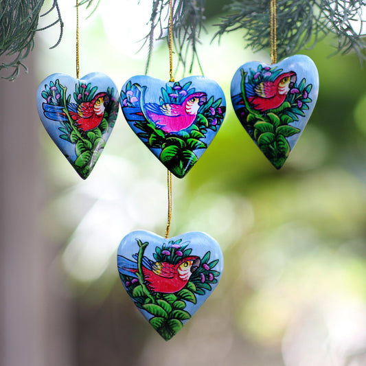 Birds in My Heart 4 Hand Painted Heart Ornaments with Scarlet Macaws