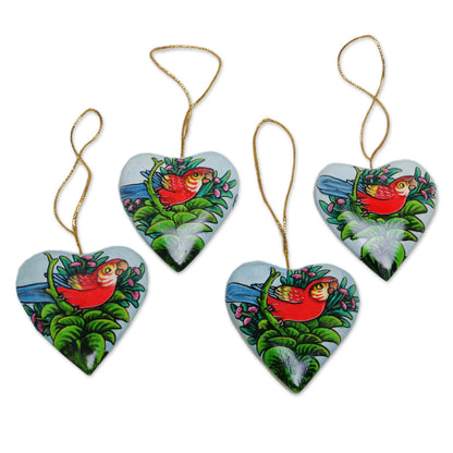 Birds in My Heart 4 Hand Painted Heart Ornaments with Scarlet Macaws