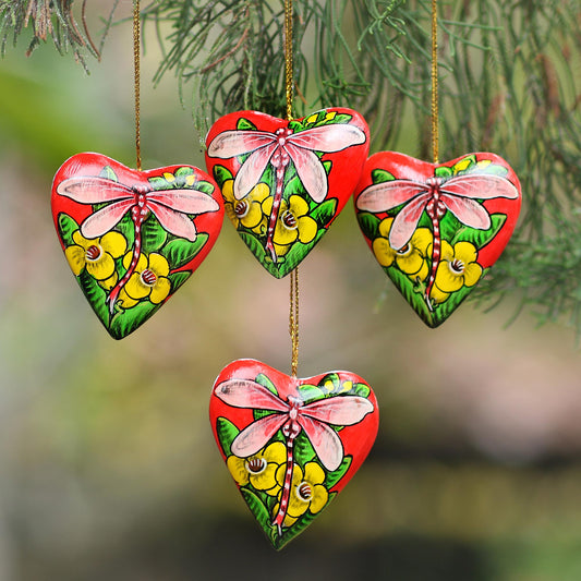 Dragonfly Love 4 Hand Painted Balinese Heart Ornaments with Dragonflies