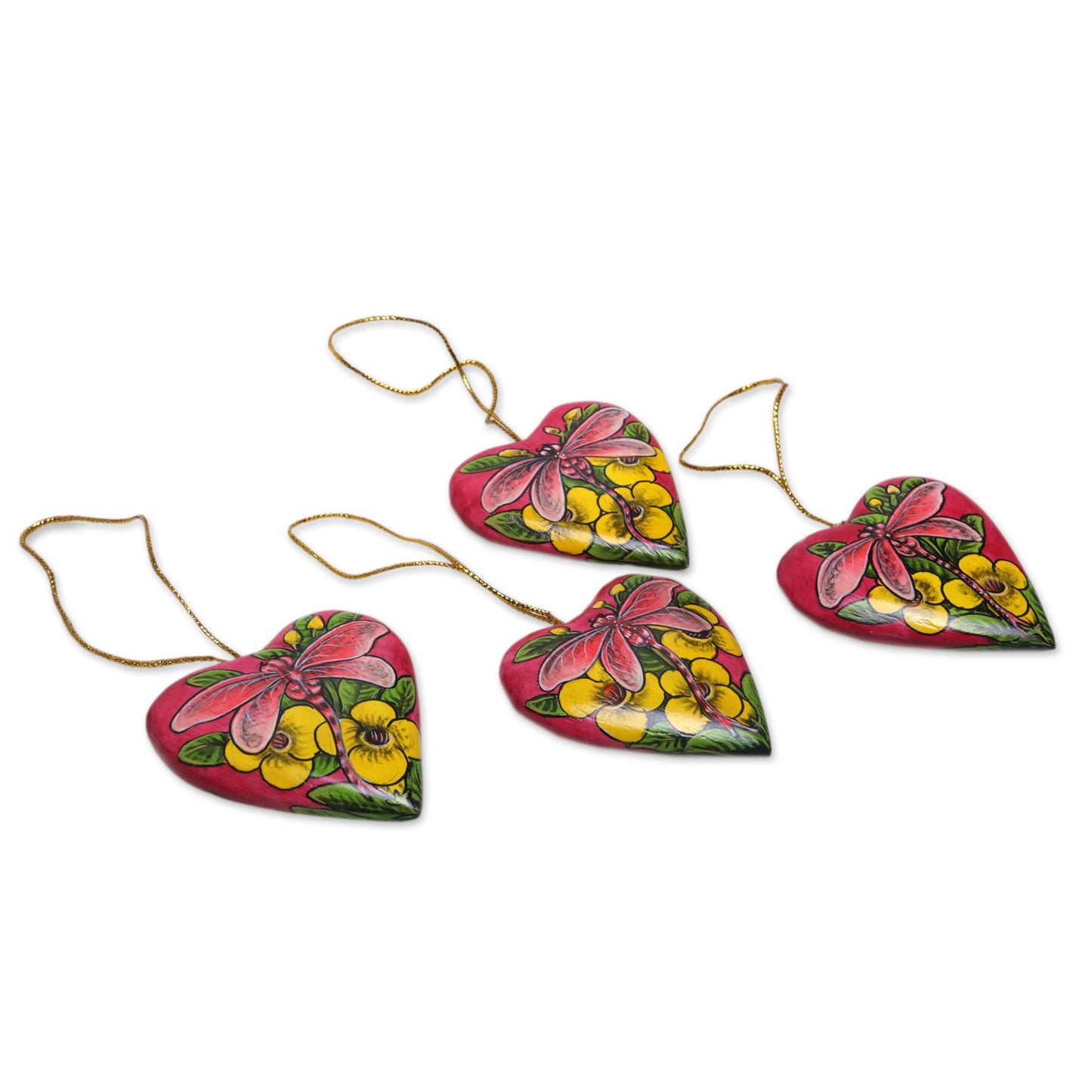 Dragonfly Love 4 Hand Painted Balinese Heart Ornaments with Dragonflies