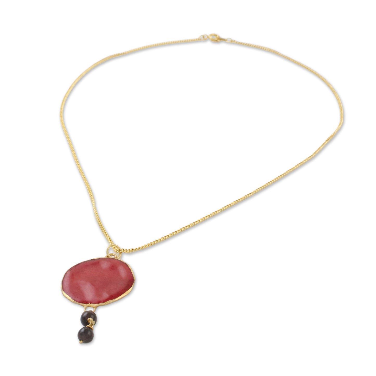 Autumn Red Rose Garnet and Gold Plated Natural Rose Petal Pendant Necklace