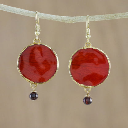 Red Rose of Autumn Garnet and Gold Plated Natural Rose Petal Dangle Earrings