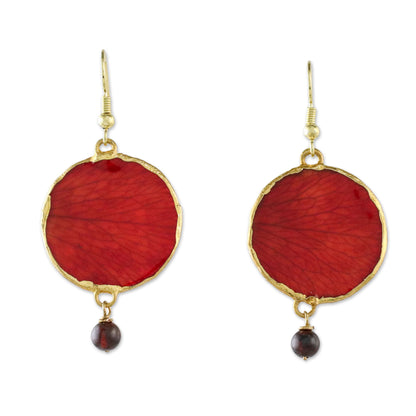 Red Rose of Autumn Garnet and Gold Plated Natural Rose Petal Dangle Earrings