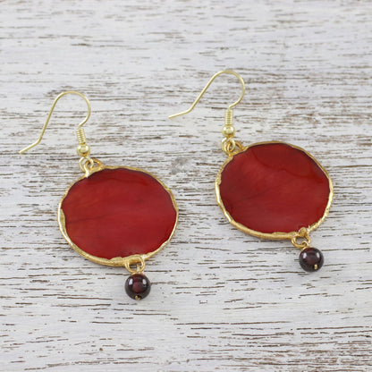 Red Rose of Autumn Garnet and Gold Plated Natural Rose Petal Dangle Earrings