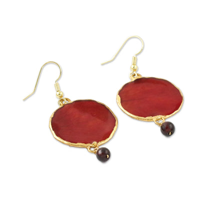 Red Rose of Autumn Garnet and Gold Plated Natural Rose Petal Dangle Earrings