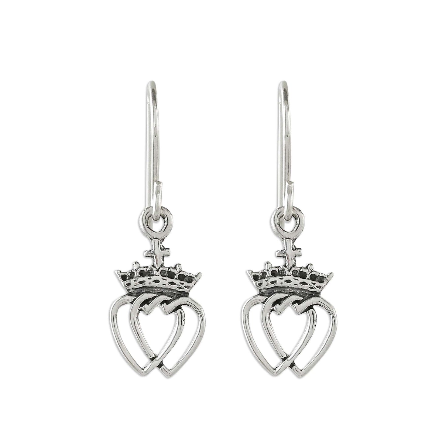 Crowned Hearts Silver Dangle Earrings
