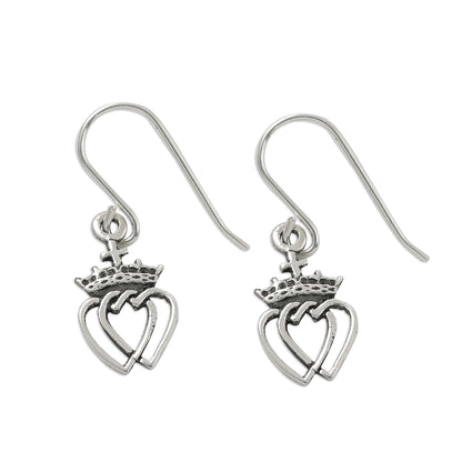 Crowned Hearts Silver Dangle Earrings