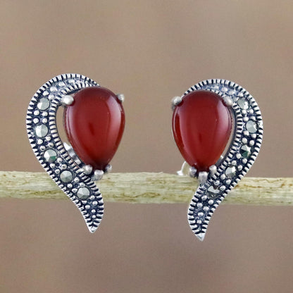 Victorian Lady Button Earrings with Marcasite and Orange-Red Onyx